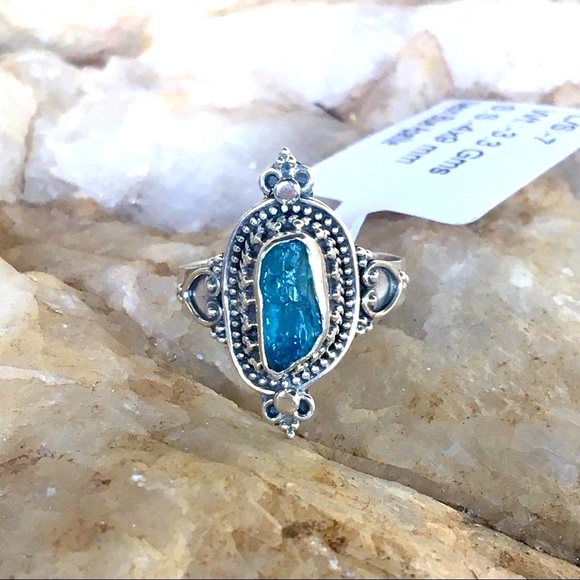 NEON BLUE APATITE Bali filigree sterling ring 7 - Picture 3 of 10
